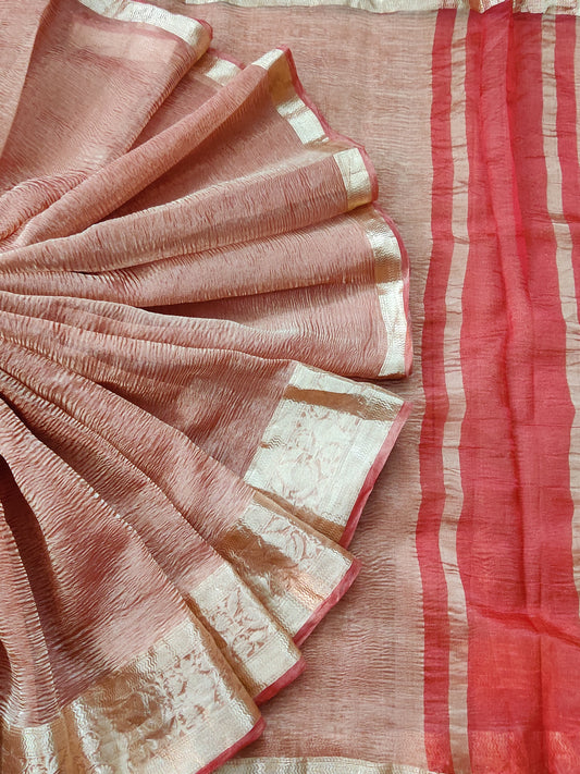 Brick Colour Crush Tissue Saree With Plain Body