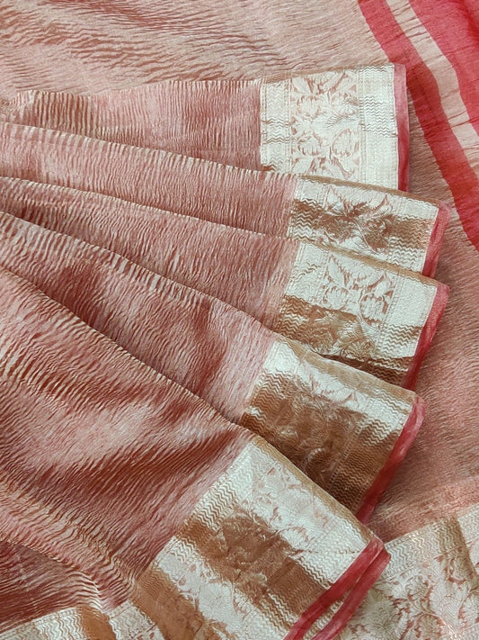 Brick Colour Crush Tissue Saree With Plain Body