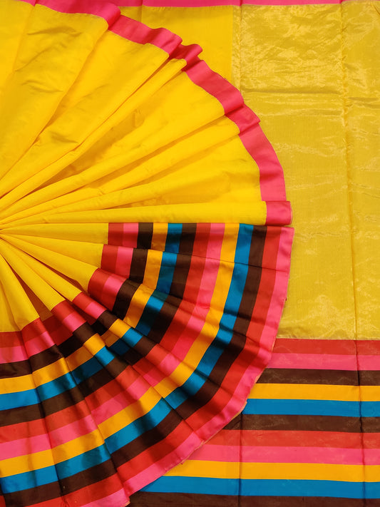 Yellow Chanderi Silk With Multi Colour Border
