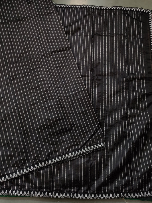 Black Colour Chanderi Silk With Zari Strips