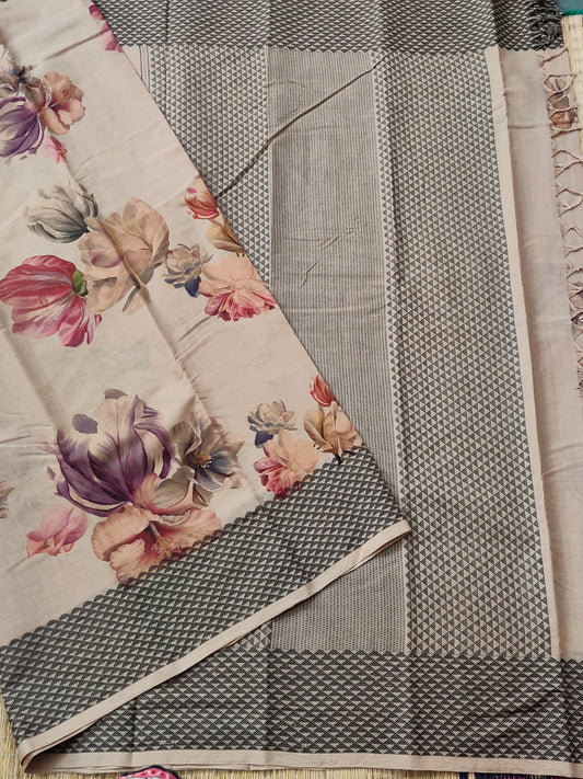 Cream Colour Cotton Silk Saree With Digital Print All over