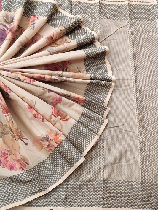 Cream Colour Cotton Silk Saree With Digital Print All over