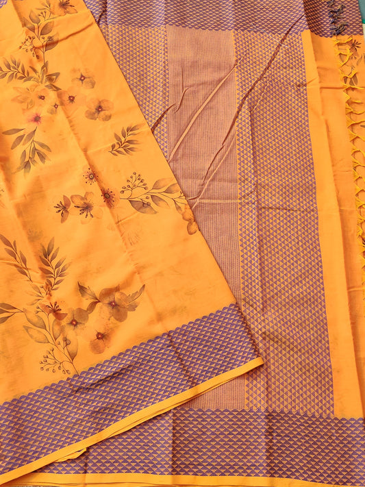 Orange Colour Cotton Silk Saree With Digital Print