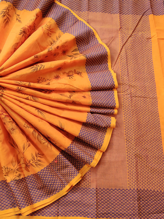Orange Colour Cotton Silk Saree With Digital Print