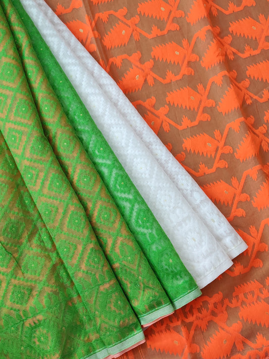 Tri Colour Cotton Saree With Thread Woven Motif