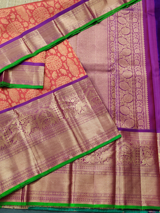 Brick Colour Gadwal Silk Saree With Zari Motif