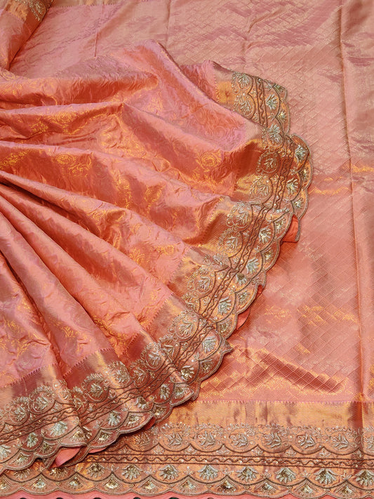 Peach Colour Kanchivaram Silk Saree With Zari Motif All Over