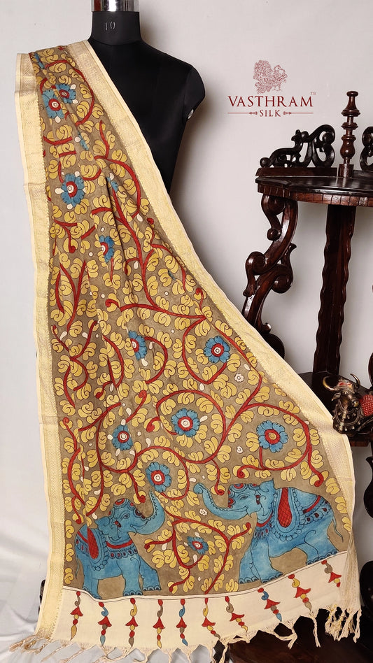 Mehandi Green Cotton Dupatta With Kalamkari Work