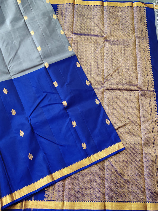 Grey & Blue Kanchivaram Silk With Zari Motif All Over