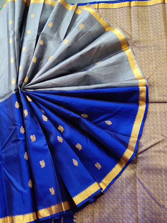 Grey & Blue Kanchivaram Silk With Zari Motif All Over