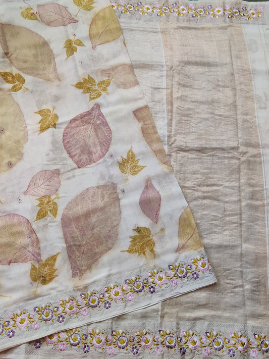 White Colour Maheshwari Cotton  Saree With Natural Eco Prints All Over