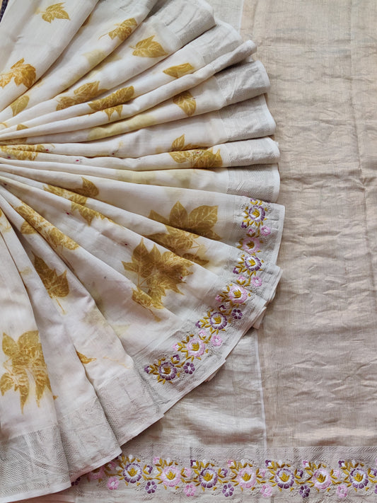 White Colour Maheshwari Cotton Saree With Natural Eco Prints All Over