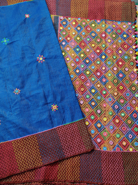 Blue Colour Kanchivaram Silk Saree With Lambani Hand Embroidery