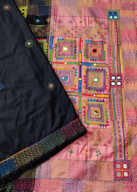 Black Colour Kanchivaram Silk Saree With Lambadi Embroidery