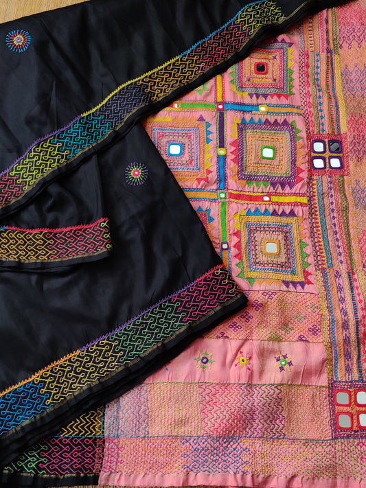 Black Colour Kanchivaram Silk Saree With Lambadi Embroidery