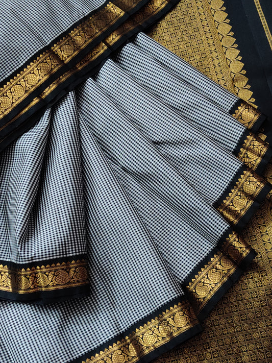 Black & White Colour Kanchivaram Silk With Checks Motif
