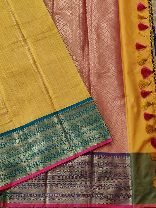 Yellow Colour Semi Banarasi Saree With Zari Motif All Over