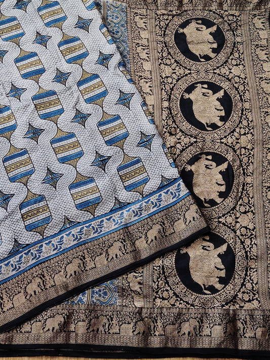Off White Colour Dola Silk Saree With Ajrakh Print All Over