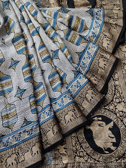 Off White Colour Dola Silk Saree With Ajrakh Print All Over