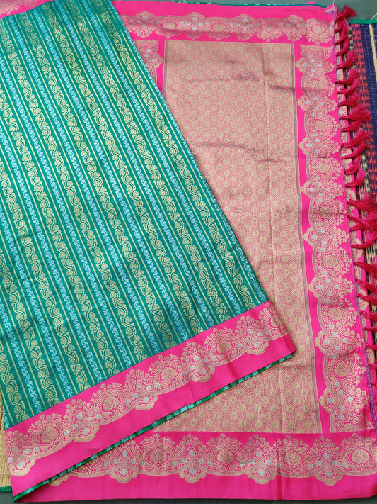 Turquoise Blue Colour Semi Banarasi Saree With Zari Motif All Over