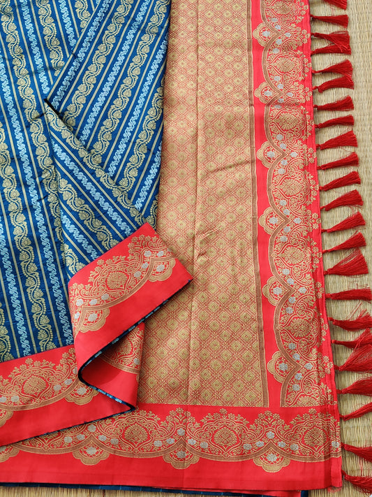 Green & Blue Colour Semi Banarasi Saree With Silver & Gold Zari Motif
