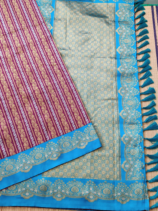 Brown Colour Semi Banarasi Saree With Silver & Gold Zari Stripes All Over