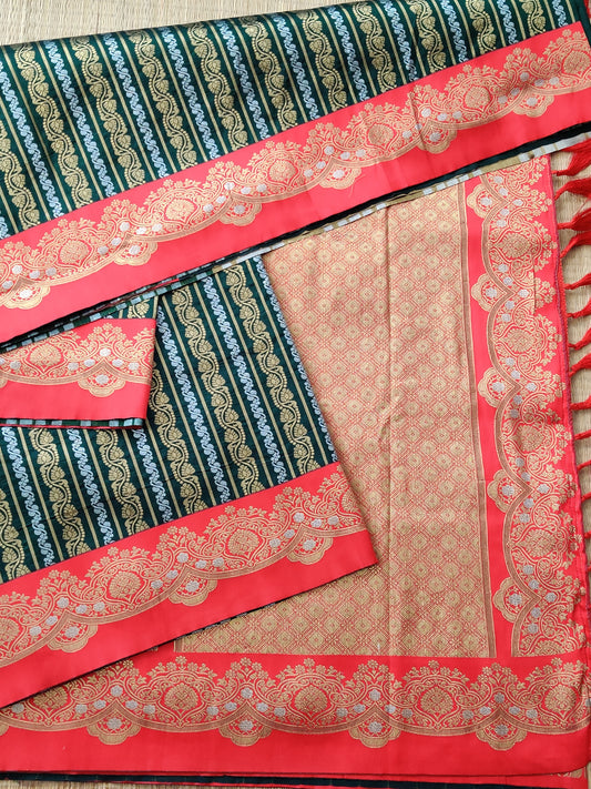 Green Colour Semi Banarasi Saree With Gold & Silver Zari Stripes Motif