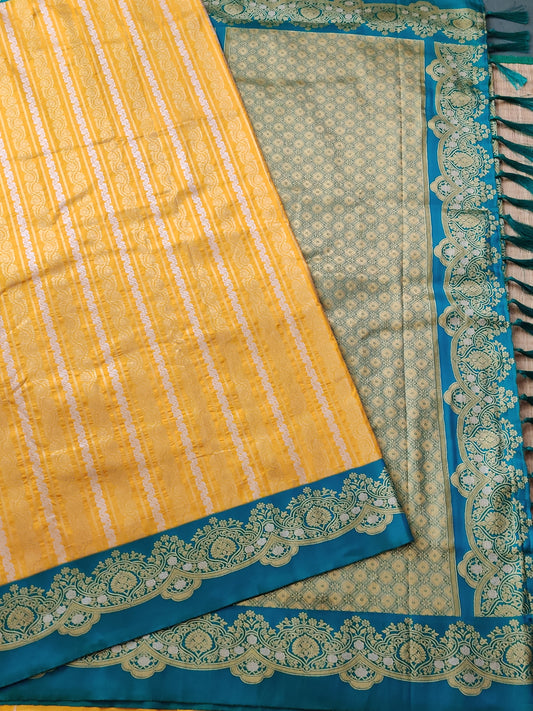 Yellow colour semi Banarasi saree with gold & silver zari stripes all over