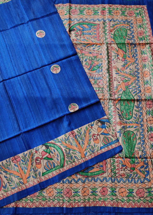 Blue Colour Geecha Tussar With Madhubani Prints All Over