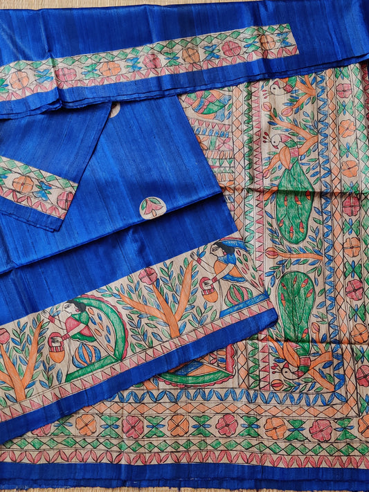 Blue Colour Geecha Tussar With Madhubani Prints All Over