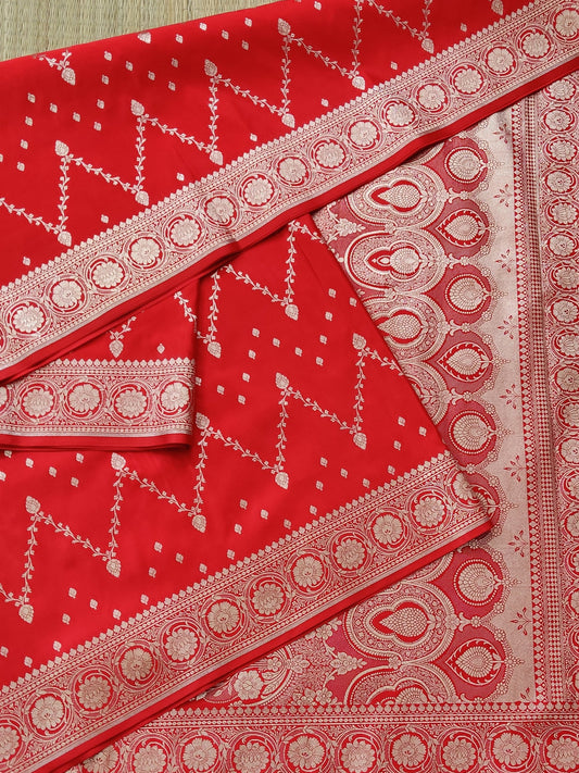 Red Colour Semi Banarasi Saree With Zari Motif