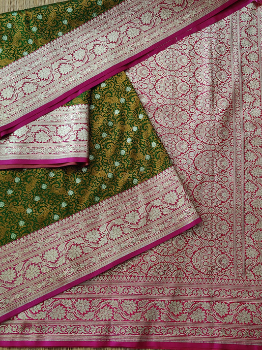 Green Colour Semi Banarasi Saree With Thread Woven Motif All Over