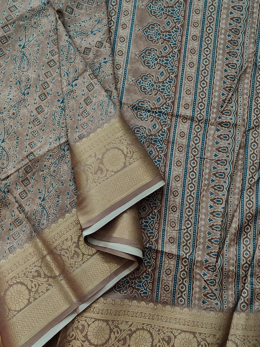 Light Chocolate Colour Semi Banarasi Saree With Print All Over