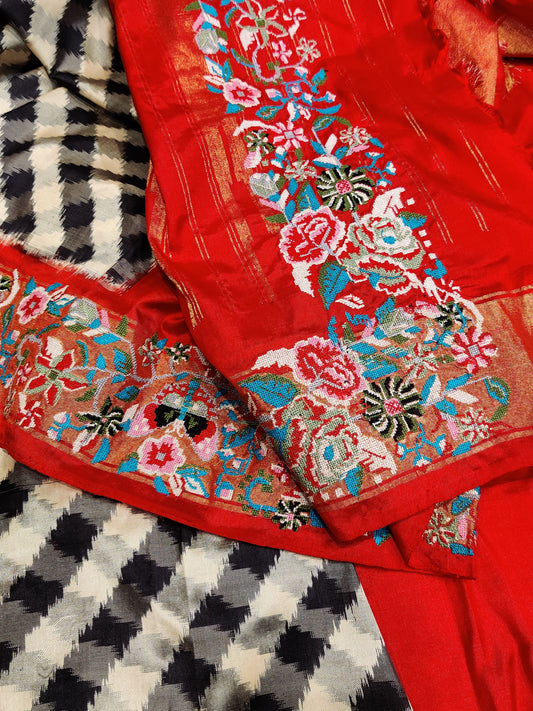 Cream Black Colour Ikkat Silk Saree With Ikkat Weaving All Over