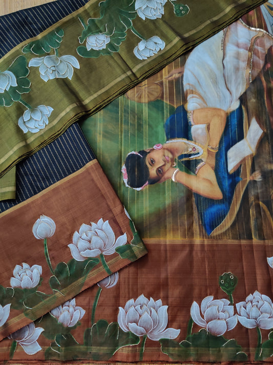 Black Colour Kanchivaram Silk With Zari and Hand Paint