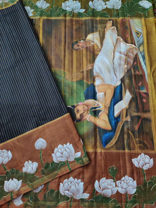 Black Colour Kanchivaram Silk With Zari and Hand Paint