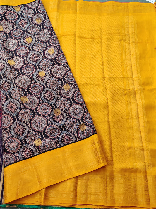 Black colour Gadwal & Kanchivaram Silk Fusion Saree With Ajrakh Work