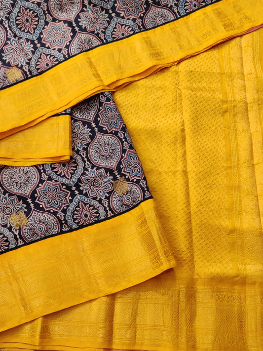 Black colour Gadwal & Kanchivaram Silk Fusion Saree With Ajrakh Work