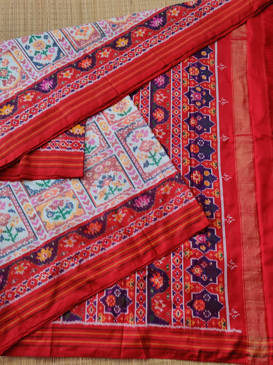 White Colour Ikkat Silk Saree With Ikkat Weaving All Over