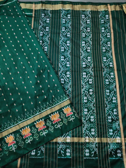 Bottle Green Colour Ikkat Silk Saree With Ikkat Weaving All Over