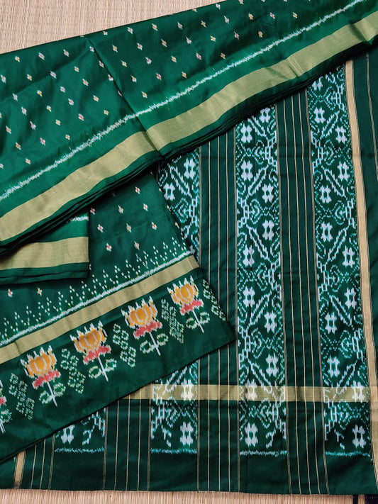 Bottle Green Colour Ikkat Silk Saree With Ikkat Weaving All Over