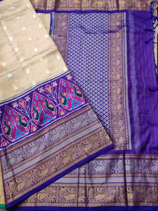 Gold Colour Tissue & Ikkat Fusion Saree With Gold & Silver Zari Butta All Over