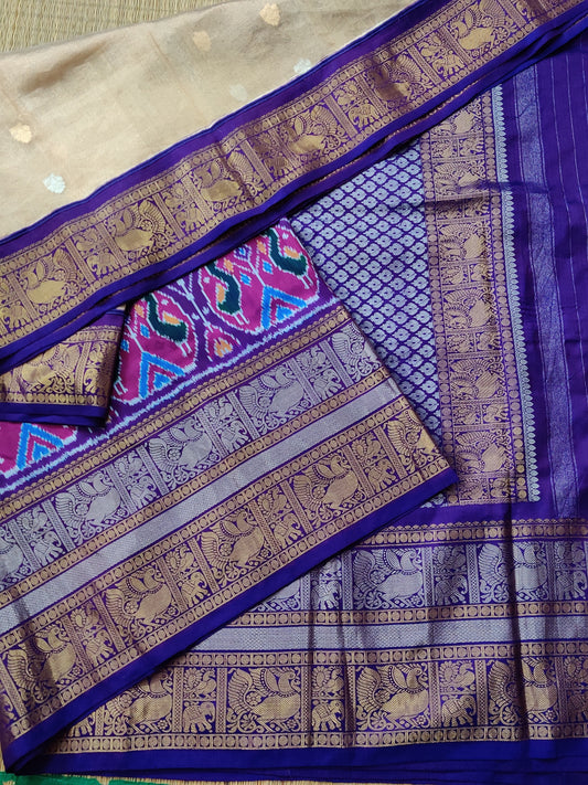 Gold Colour Tissue & Ikkat Fusion Saree With Gold & Silver Zari Butta All Over
