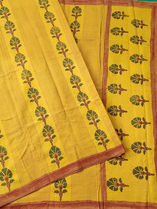 Mustard Yellow Colour Chiniya Silk Saree With Authentic Ajrakh Hand Block Print All Over