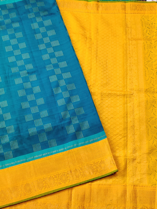Peacock Blue Colour Pure Kanchivaram & Gadwal Fusion Saree With Zari Work Code : KA084