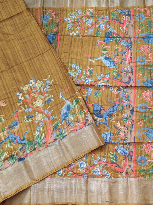 Dark Honey Colour Semi Banarasi Saree With Digital Print All Over