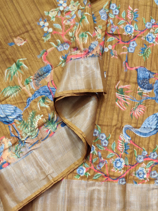 Dark Honey Colour Semi Banarasi Saree With Digital Print All Over
