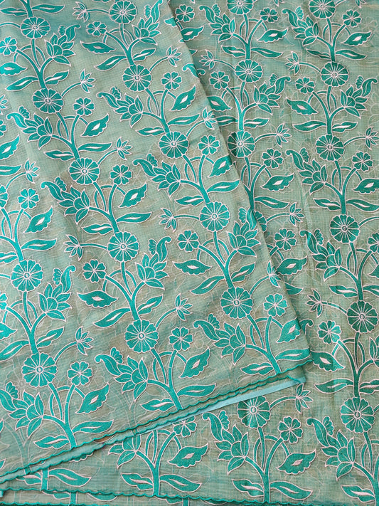 Turquoise Colour Tissue Kota& Saree With Embroidery All Over
