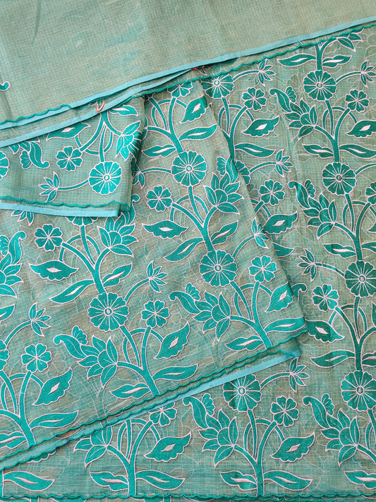 Turquoise Colour Tissue Kota& Saree With Embroidery All Over