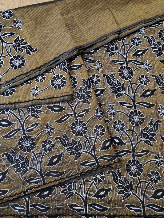 Blackish Gold Colour Tissue Kota Saree With Embroidery All Over